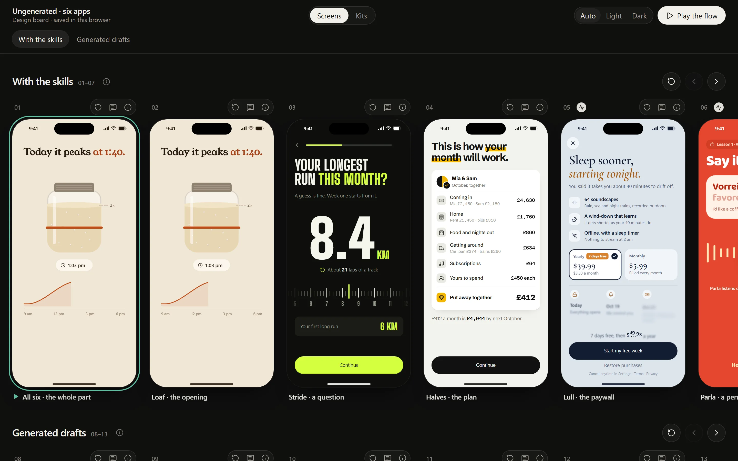 The example board: a row of six live phones made with the skills, and the generated drafts under them